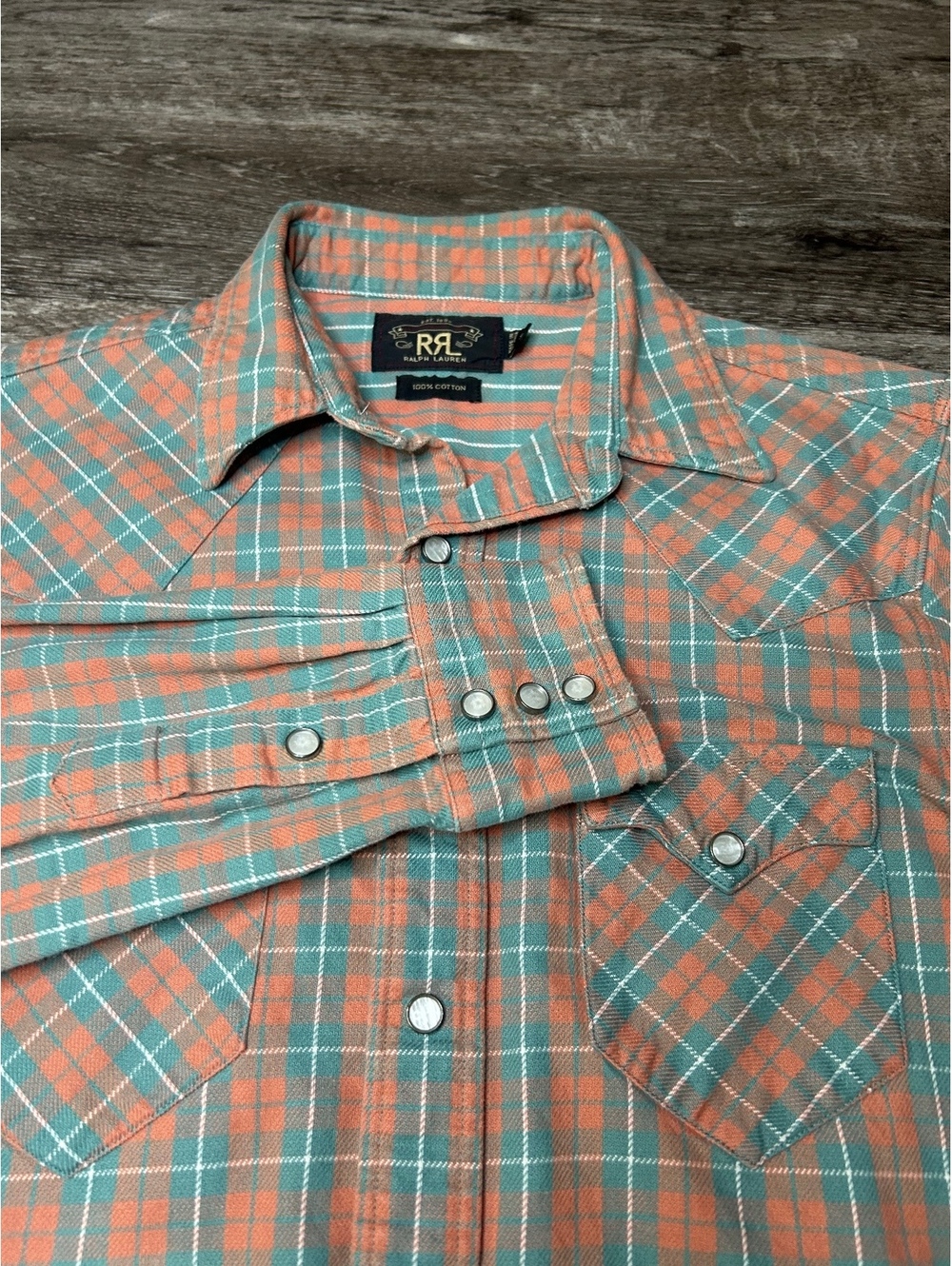 RRL Ralph Lauren Men’s Western Shirt Teal Orange Plaid Pearl Snap Cotton Size S